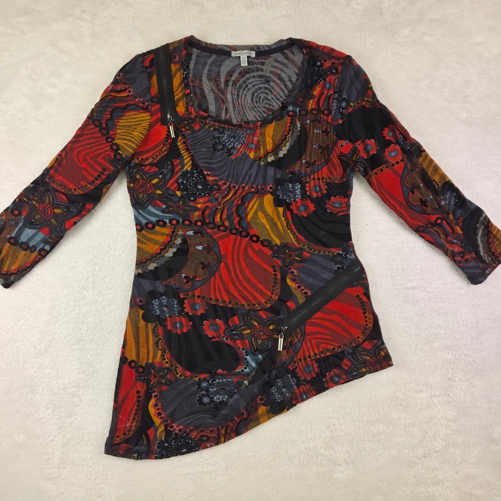 Linea Domani Womens Abstract Print Asymmetrical Zip Tunic Top Red Grey Small